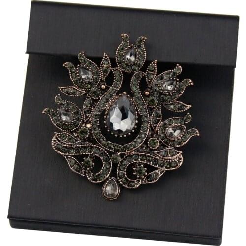 Sunspicems Gray Crystal Turkish Brooches For Women Vintage Gold Color Flower Hijab Pins Ethnic Wedding Jewelry Gift