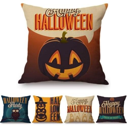 Halloween Party Decoration Pillow Cover Happy Halloween Letter Print Owl Pumpkin Face Sofa Decorative Cotton Linen Cushion Cover