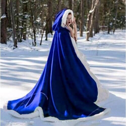 Womens Coat Hooded Cape Satin Faux Fur Trim Winter Wedding Cloak Long Cloak Shawl