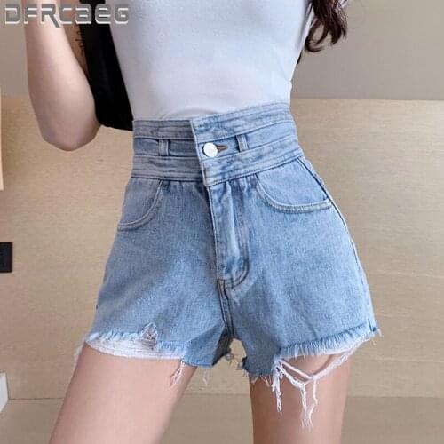 High Waist Denim Shorts For Women 2020 New Streetwear Sky Blue Loose Hole Pockets Jeans Short With Tassel Hot Sale