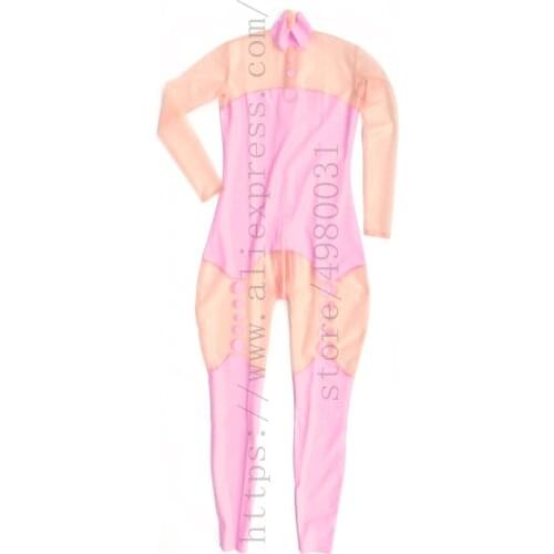 Pink dot decoration womens 100% real & natural latex catsuit with transparent pink color attached back zipper to abdomen