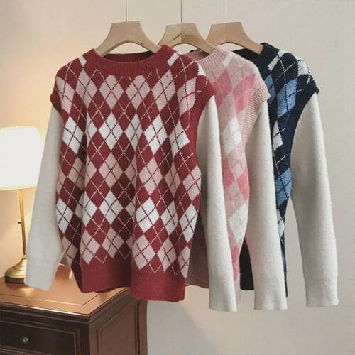 2021 new fake two-piece round neck long-sleeved knitted sweater women autumn and winter loose retro color matching plaid top