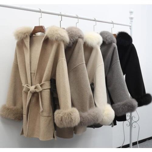 Women Cashmere Coats Fluffy Removable Real Fox Fur Hooded Outerwear Soft Fashion Elegant Women Wool Jacket 2020 Winter New