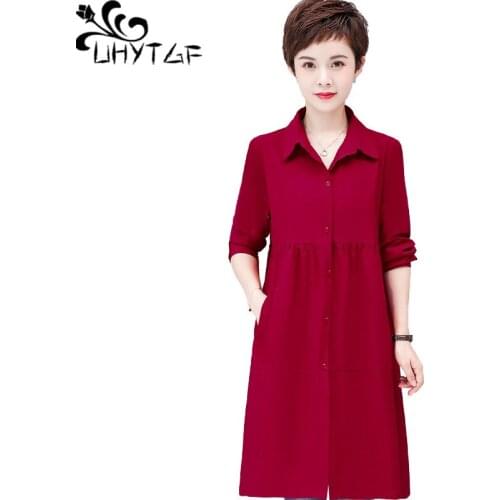 UHYTGF Mid-Length Women Coat Fashion Single-Breasted Thin Shirt Style Spring Autumn Windbreaker Outerwear 5XLPlus Size Tops 1732