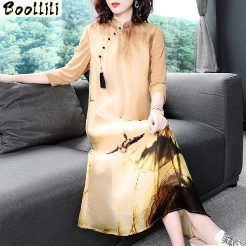 Boollili Real Silk Organza Dress Women Spring Summer Dress Vintage Midi Dress Korean Elegant Party Dress Vestidos Robe Femme