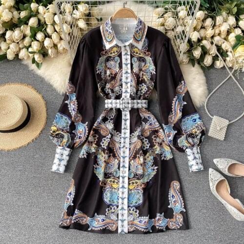 2021 Women Elegant Autumn Party Long Sleeve Printing High Waist Vintage Dress Ethnic Retro Holiday A-Line Slim Dresses 5603
