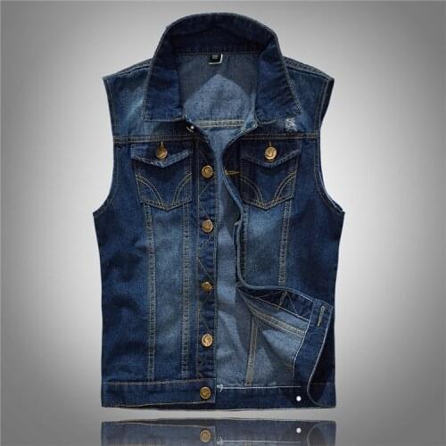 5XL Denim Vest Mens Jacket Sleeveless Casual Waistcoat Mens Jean Coat Ripped Slim Fit Male Jacket Cowboy