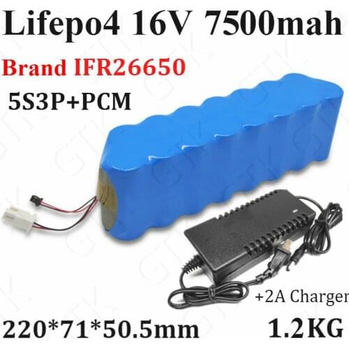 1pcs 16V 7.5AH Lifepo4 16V 7500mah battery IFR high drain 26650 5S3P 16V bateria +18V 2A Charger for 16V electric bike motor car
