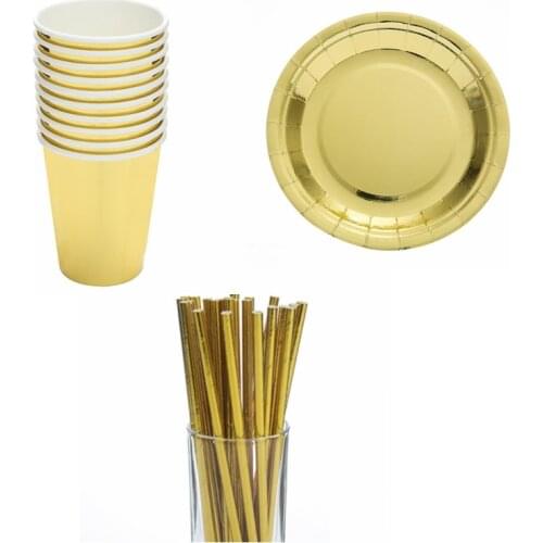 10Pcs/Set Gold Paper Disposable Tableware Christmas Birthday Party Paper Plates Cups Carnival Party Supplies Plastic Straws