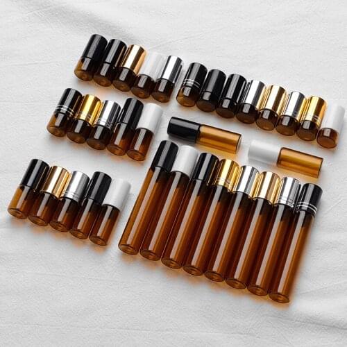 5pcs/lot 5ml Steel Roller Ball Glass Bottle For Essential Oil Blue Brown Empty Glass Refillable Mini Perfume Bottle For Traveler