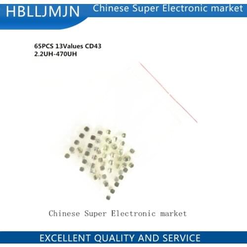 65PCS 13Values CD43 SMD Power Inductor Assortment Kit 2.2UH-470UH Chip Inductors High Quality CD43 Wire Wound Chip