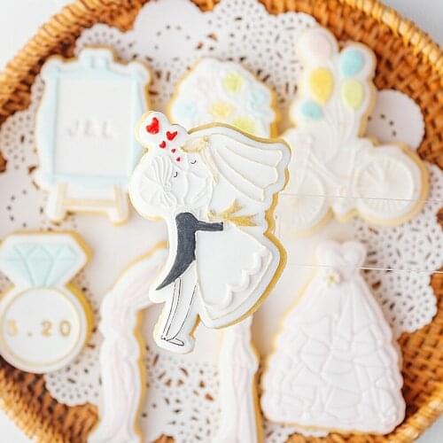 Acrylic Bride Groom Wedding Embossed Mold Cake Fondant Mold Wedding Ring Bouquet Fondant Sugar Craft Cookies Embosser Cutter