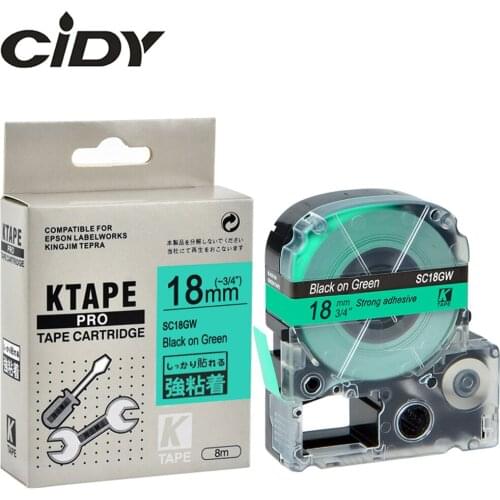 CIDY 20 ROLLS compatible SC18GW/LC5GBW LC-5GBW9 18MM black on green strong adhesive label ribbon for KingJim machine LW300 LW400