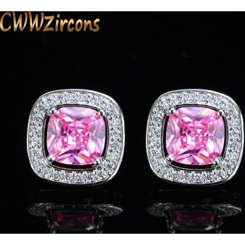 CWWZircons 8 Color Options High Quality Square Shaped Zircon Stone And Pink Crystal Fashion Stud Earrings for Women CZ364