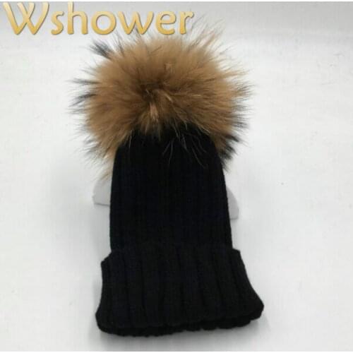 Children Boy Girl Natural Real Raccoon Fur Pom Pom Winter Hat Cap Thick Warm Crochet Knit Bobble Kids Beanie earflap Hat