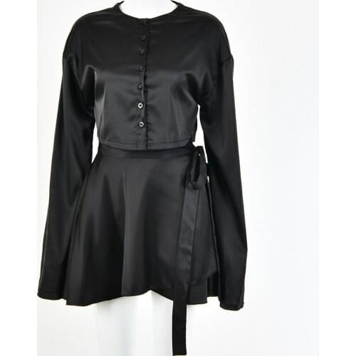 White Elegant Satin 2 Two Piece Set Women Lantern Long Sleeves Crop Tops Cardigan Sexy High Waist Mini Tennis Sports Skirts 2021