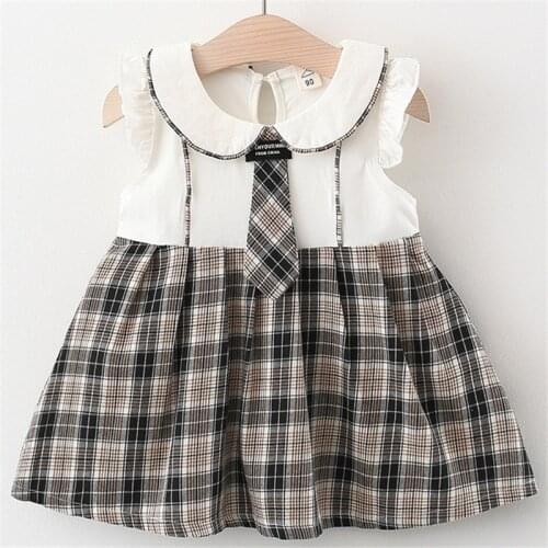 Summer Little Girls Dress Academic style Plaid Splicing Doll Collar Fly Sleeve Princess Dress with Bow Tie