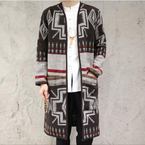 M-2xl Autumn Chinese Style Mens Long Trench Coat National Wind Printing Woolen Coat Medium-long Overcoat Cloak Singer Costumes