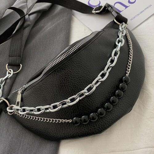 Women Solid Color Fanny Waist Packs Fashion PU Leather Beaded Chain Ladies Chest Bag Zipper Messenger Pouch Female Phone Purses