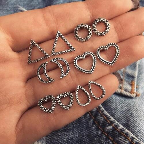 Modyle 6 Pairs/Set Heart Moon Triangle Stud Earrings for Women Vintage Bohemian Summber Beach Geometry Boucle D'oreille Jewelry