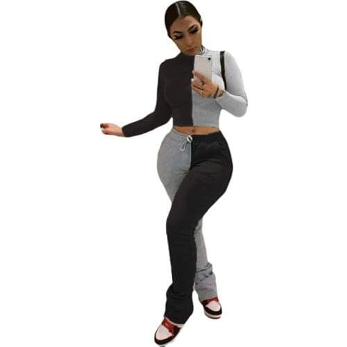 New Arrival Solid Color Long Sleeve Stitching Velvet Sweatsuit Pant Two Piece Set