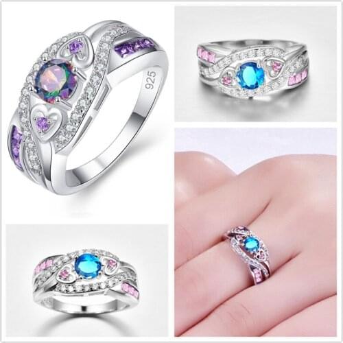 New Engagement Rings Exquisite Double Heart Rainbow & Blue & Pink White Lover Silver Plated Ring Female Wedding Jewelry