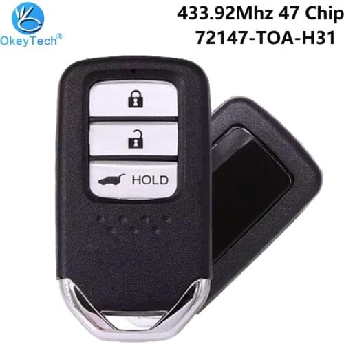 OkeyTech 3 Button 433.92 Mhz 3 Button ID47 Chip 72147-TOA-H31 with HON66 Insert Blade Smart Key for Honda 2015 CRV Remote Key