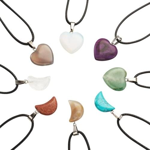 1Set DIY Necklace Making Trinket Jewelry with Waxed Cord Threads Heart and Moon Shape Natural Gemstone Pendants 82x82x27mm