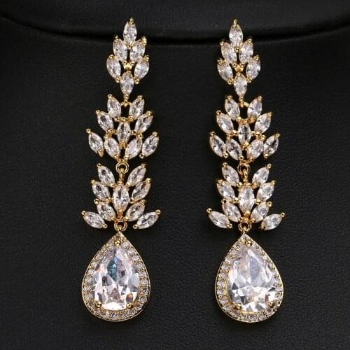 KSRA Chandelier Gold Leaf Earrings For Women Crystal Cluster Droplet Statement Wedding Earrings Brides Vintage Jewelry