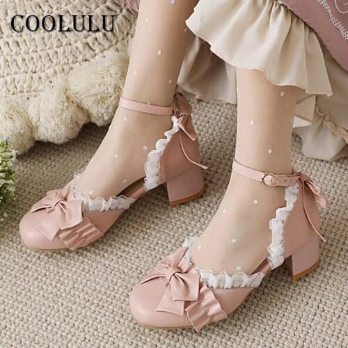 COOLULU Two Piece High Heels Ankle Strap Women Lolita Shoes Bow Block Heel Cosplay Pumps Buckle Female Footwear Sweet White 48