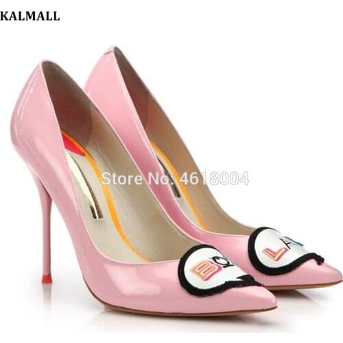 KALMALL Party Dress Pink Pumps Women Patent Leather High Heels Boss & Lady Embroidered Stilettos Slip On Heels Women Shoes