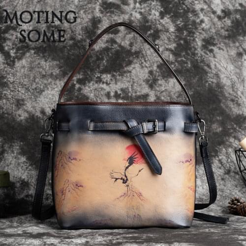 Vintage Cowhide Genuine Leather Women Bucket Bag Vegetable Tanned Leather Luxury Designer Bag Chinese Style Handbag 2021 Winter