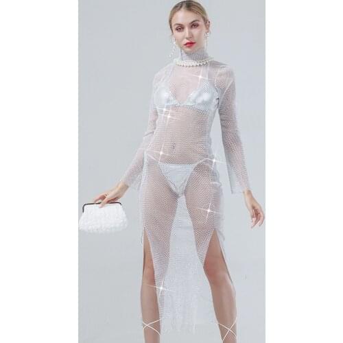 Mesh Rhinestone Decor Dress Long Skirt 2021 Womens Sexy Elegant Nightclub Sandy Beach Banquet Party Diamond Bling Body Jewelry