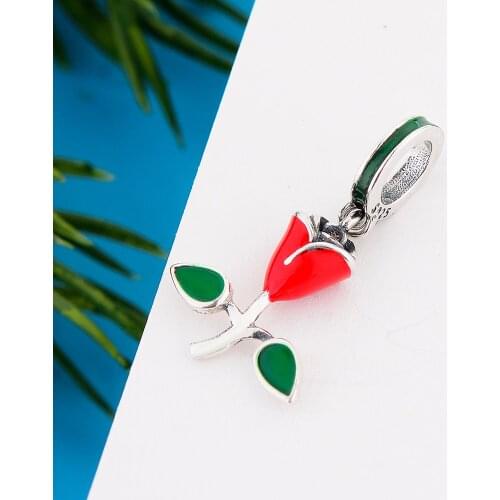 Fit Original Pandora Charm Bracelet 925 Sterling Silver Red Enamel Rose Flower Bead For Making Women Wedding Berloque Whosale