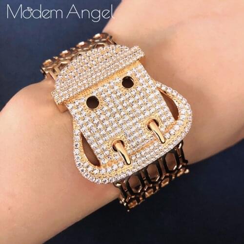 ModemAngel Luxury Belt Buckle bangle AAA zircon micro pave hand bracelet For Women Wedding setting bangle