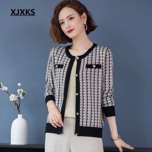 XJXKS Fashion Plaid Women Cardigan Jacket 2020 Fall New High Quality Wool Knit Cardigan Women Sweater