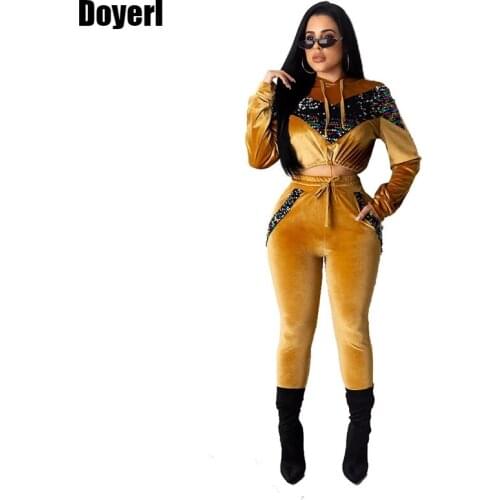 Velvet Hooded Tracksuit Women Patchwork Sequin Casual Two Piece Set Top and Pants Sweatsuit Women Set 2 Piece Matching Sets
