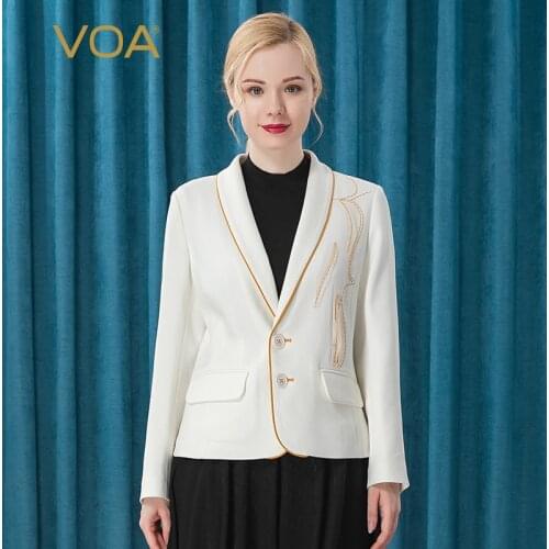 VOA 60m/m Silk Turn-down Collar Long-sleeved Tops Office Lady Coat WE59 Golden Edge Mingxian Decoration Jackets for Women