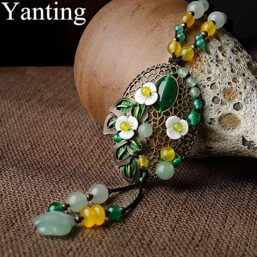 Yanting Long Sweater Necklace Delicate Boho Necklaces For Women Natural Green Stone Aventurine Shell Flower Vintage Necklace 038