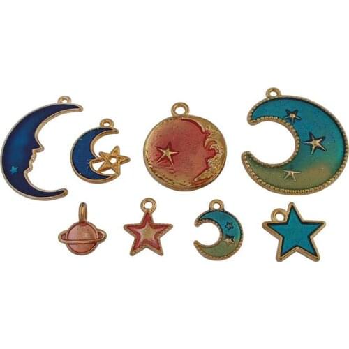 10 x Gold Tone Enamel Crescent Moon Star Saturn Planet Charms Pendants for DIY Handmade Jewelry Making Findings