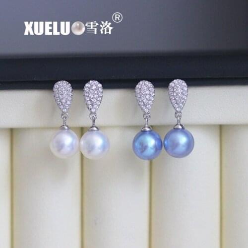 925 Sterling with zircon 9-10mm perfect round high quality silver gray natural fresh water pearl earrings for women