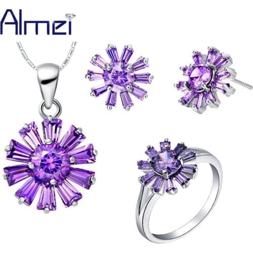Almei Purple Flower Jewelry Sets Women Crystal Necklace Set Lady Silver Earrings with Stones Anel Feminino Gift Designer T323
