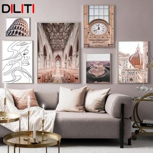 Church Ancient Architecture Clock Quote Canvas Painting Nordic Posters and Prints Wall Art Pictures for Living Room Decor