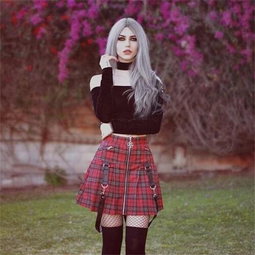 Paris Girl Halloween Gothic A Line Skirts Women Autumn Zipper Pleated Plaid School Mini Skirt Strap Sexy Solid Suspender Bottom