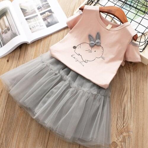 European and American new summer childrens suit 2020 bow strapless short sleeve T-shirt + puff skirt 2pcs childrens clothing