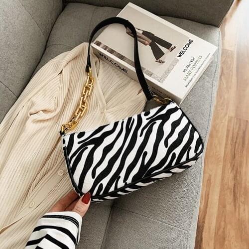Zebra Pattern Chain Small Velour Shoulder Bags for Women Leopard Fashion Wild Handbags Trending Womens Armpit Bag
