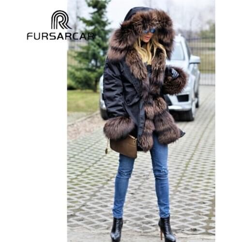 FURSARCAR Fashion New Real Fur Parka Women Luxury Winter 80 CM Long Coat With Fox Fur Collar And Cuff Casual Warm Fox Fur Parka