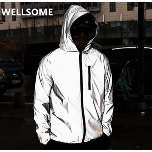 Plus Size Streetwear Noctilucent Men full reflective Windbreaker waterproof Jacket male High street hip hop Loose Hooded Coats