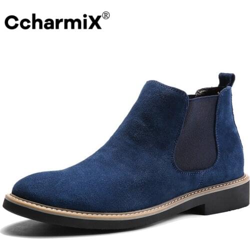 CcharmiX Men Chelsea Boots Slip On Suede High Top Classic Men Boots Genuine Leather Chukka Ankle Boots Fashion Cowboy Male Boots