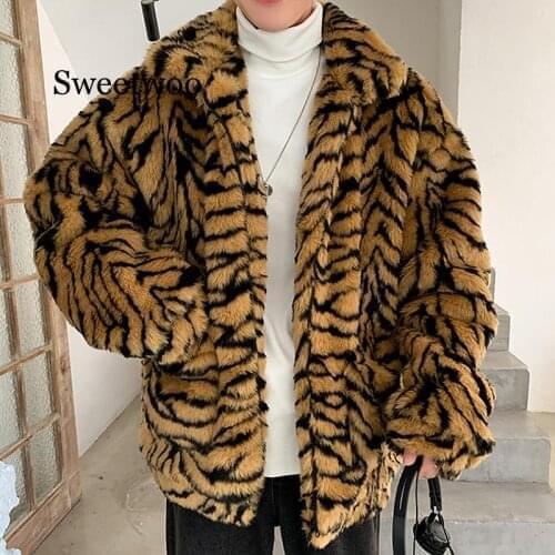 Men Tiger Pattern Fleece Fur Fluffy Coat Jacket Jumper Outwear Oversized Warm Outwear Jackets Man Tiger Grain Imitate Fur